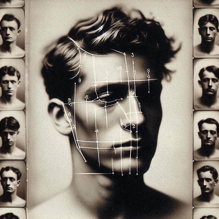Tirage photographique gélatno-bromure représentant une fiche anthropométrique d'un homme, visage (face)