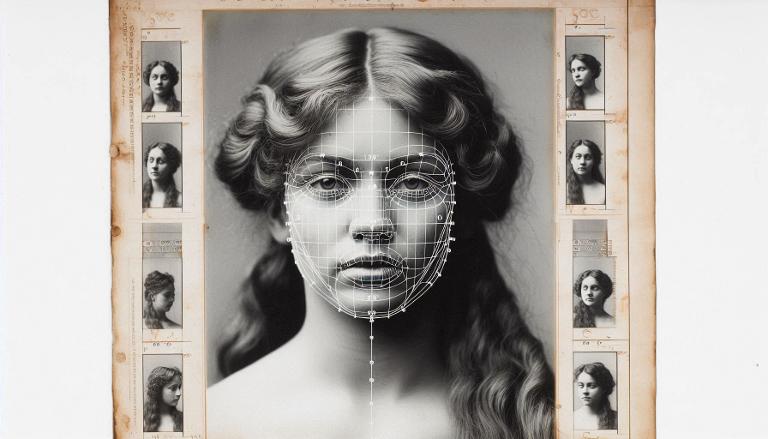 Tirage photographique gélatno-bromure représentant une fiche anthropométrique d'un femme, visage (face)